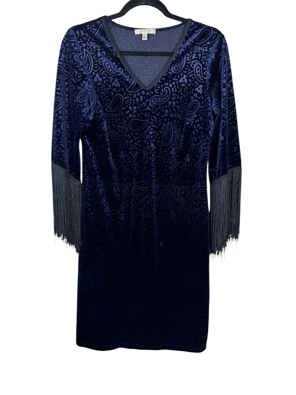 Spense Blue Velvet Burnout Fringe Mini Dress Womens 4 Goth Grunge Witchy Fall